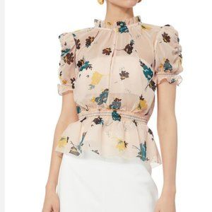 Self-Portrait Floral Puffed Sleeve Ruffled Chiffon Blouse Pink Size 0